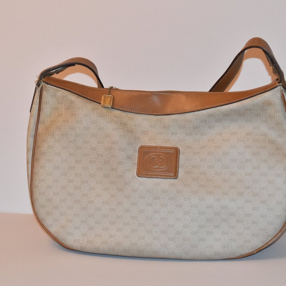 Vintage Gucci cream and tan monogram hobo shoulder bag
